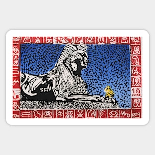 Londons sphinx and Girl, a multicolour reduction linocut by Geoff Hargraves Sticker